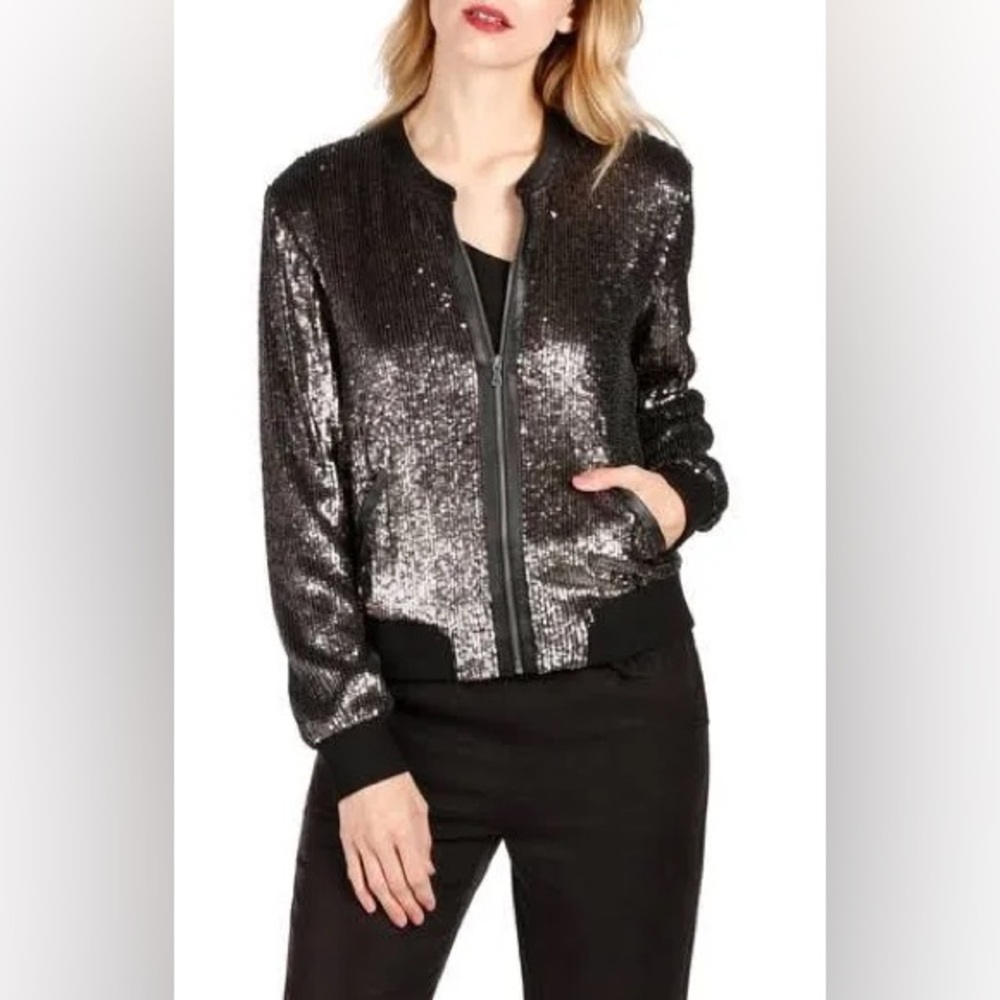PAIGE Zaylee Sequin Black & Silver Bomber Jacket Size X-Small
